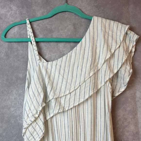 Touche Balneaire Dress Womens Medium 100% Linen Ruffle Tired Blue Cream - Picture 6 of 10